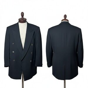 Pierre Cardin Wool Blazer‎ Jacket Black Double Breasted Vintage Horse Button 42R